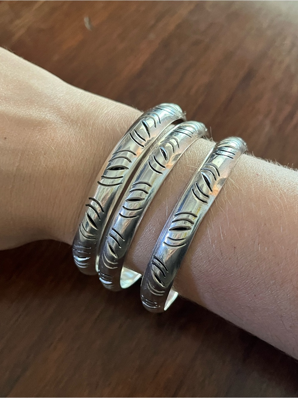 Sterling Silver 925 Etched Bangle Bracelet Set of 3